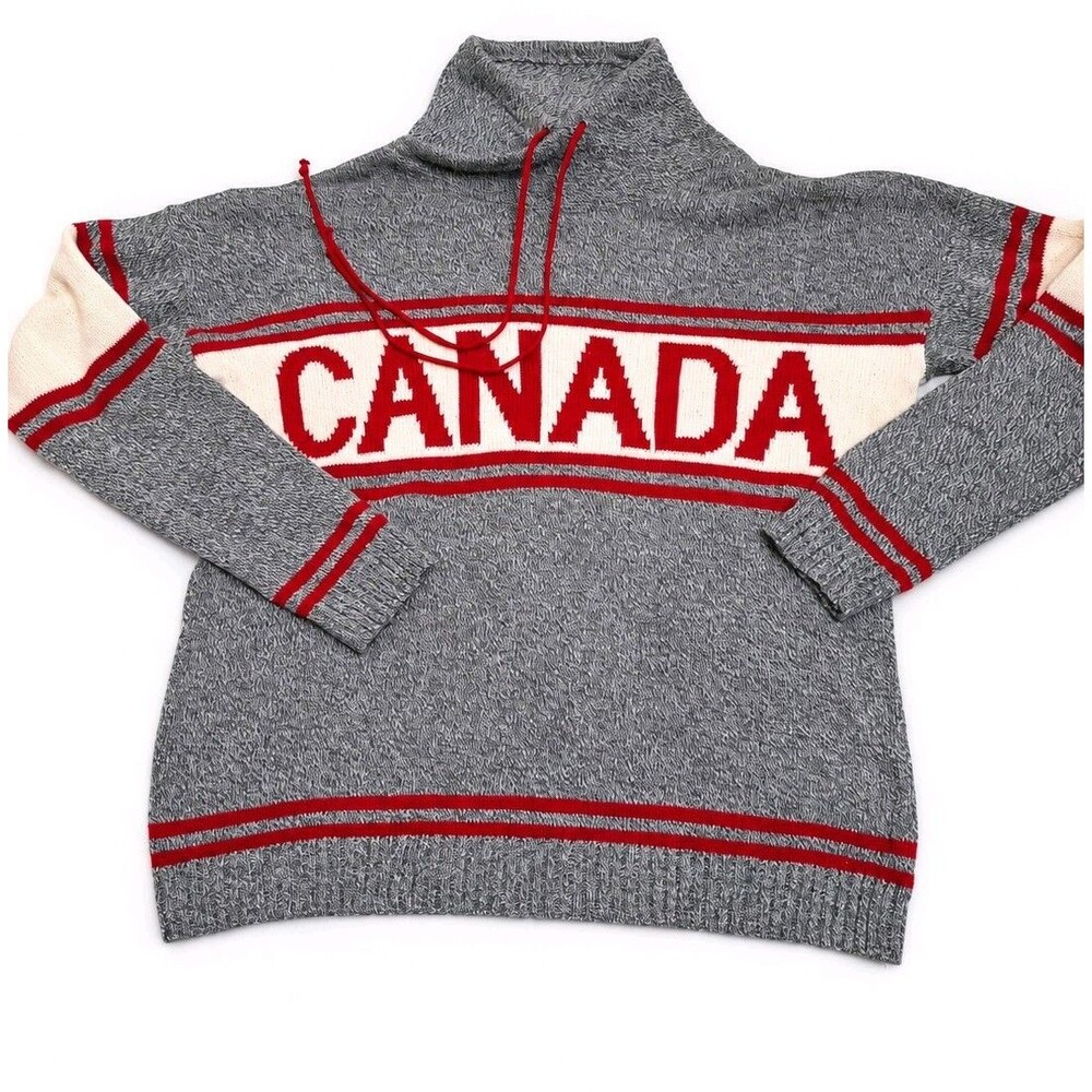 Cotton Country Canada Sweater Medium Gray Red Maple Leaf Cowl Neck Made Canada